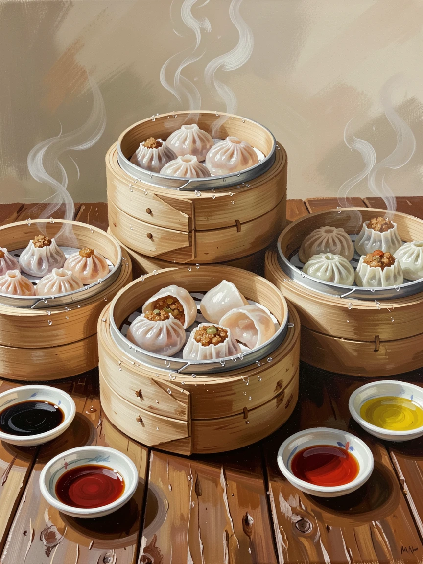 A traditional dim sum spread shows bamboo steamers filled with dumplings, their delicate wrappers glistening beneath rising steam, steam or condensation visible in small details that suggest the dish was just prepared.
