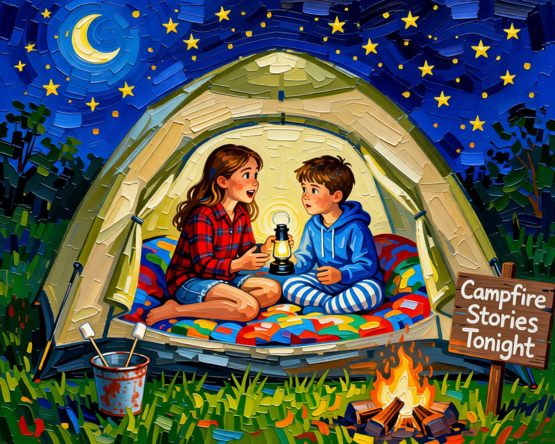Siblings sharing a tent and flashlight stories during a backyard camping night