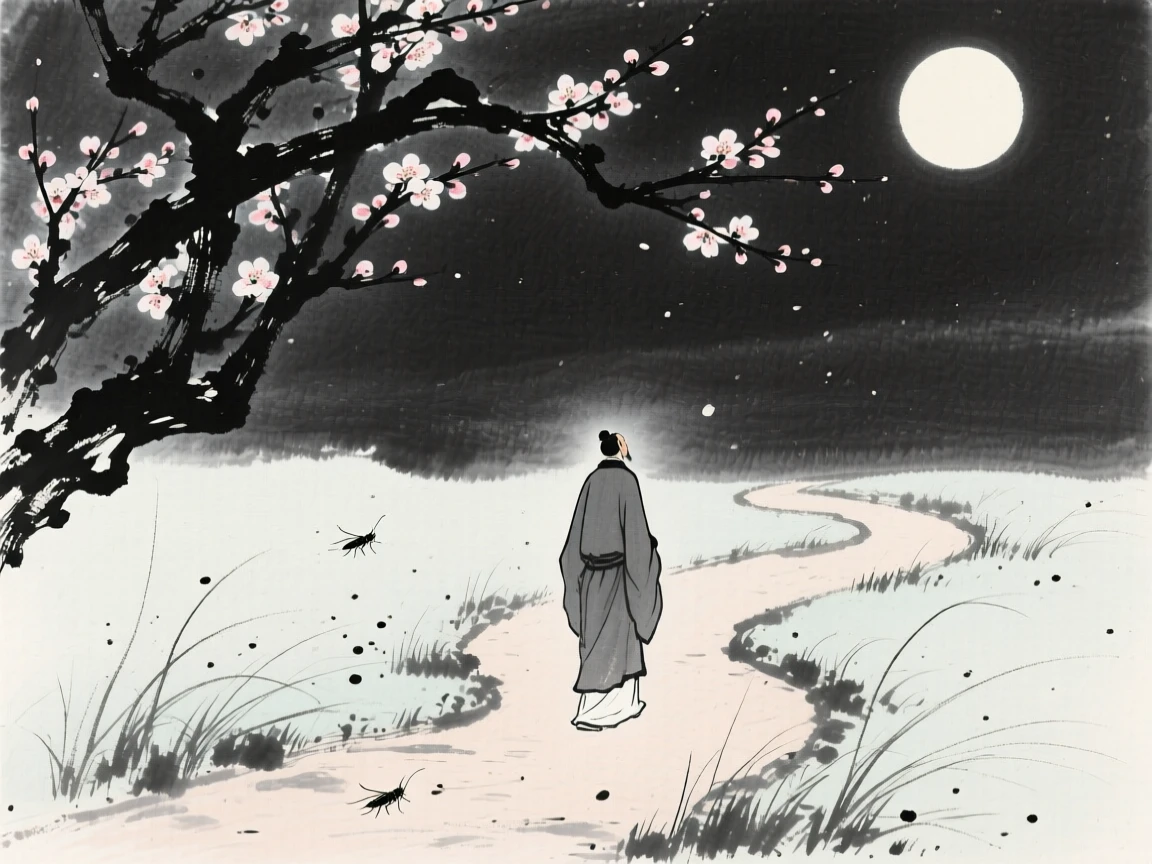 A lone figure walks along a moonlit garden path beneath blossoming trees, as crickets sing softly from the surrounding grass.