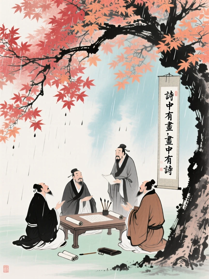 A group of scholars debating poetry beneath a canopy of maple leaves, as summer rain begins to fall.