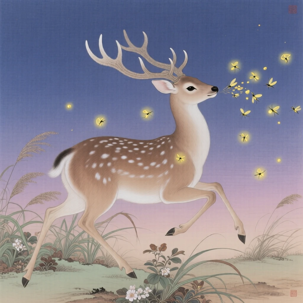 A deer with velvet antlers chasing fireflies at twilight