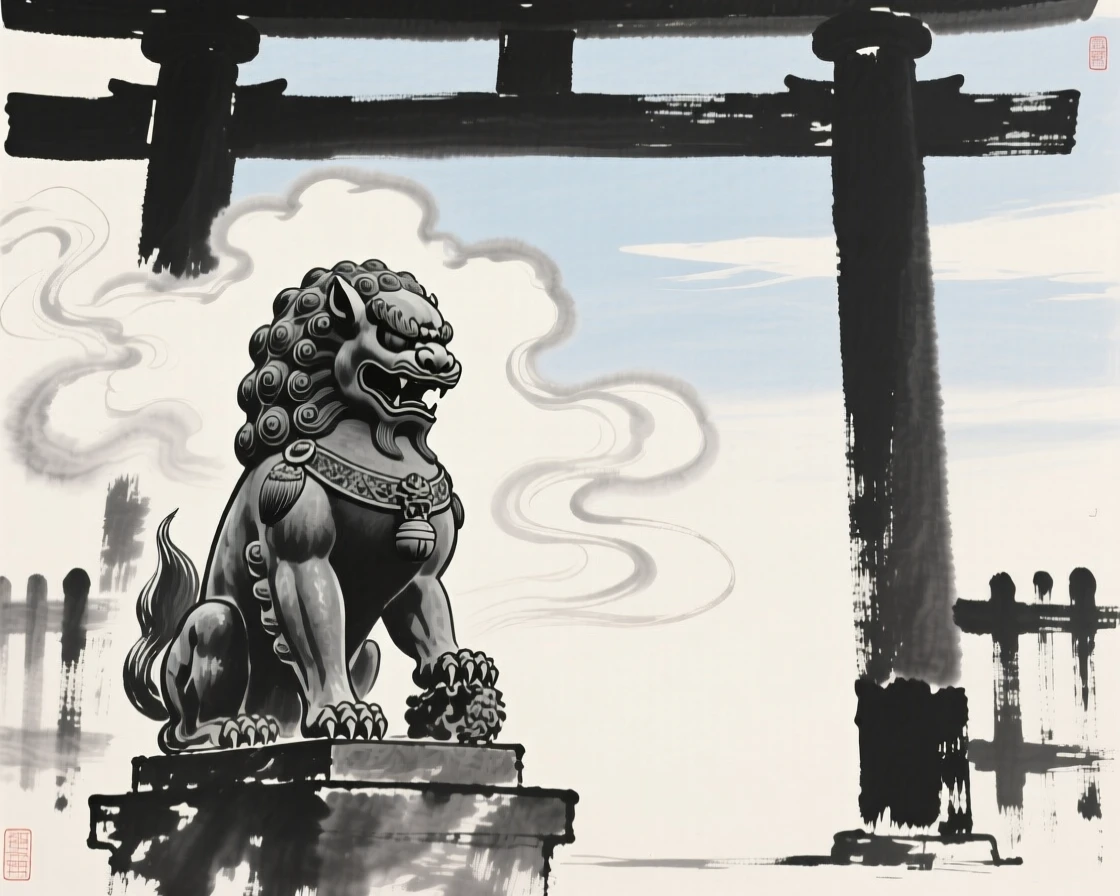 A guardian lion statue watching over a temple gate within a swirl of luminous cloud, framed to emphasize scale against a vast open sky, evoking wonder, myth, and quiet reverence.