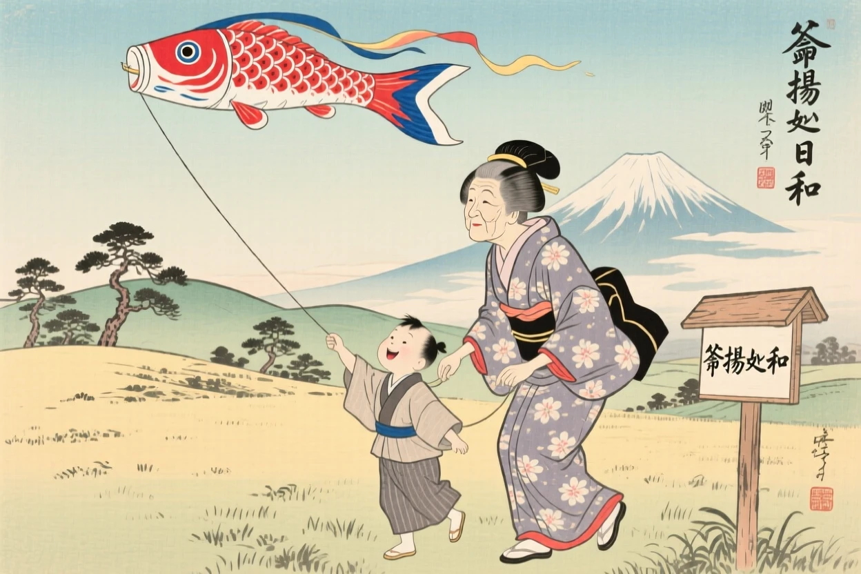 A grandmother and grandchild flying a kite together in an open field.