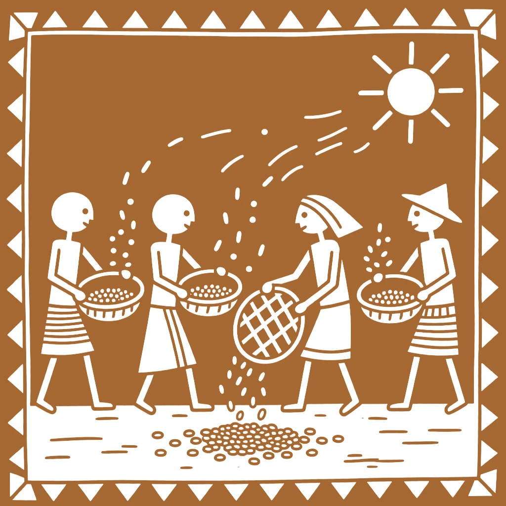 A group of farmers separating grain from chaff in the afternoon breeze.