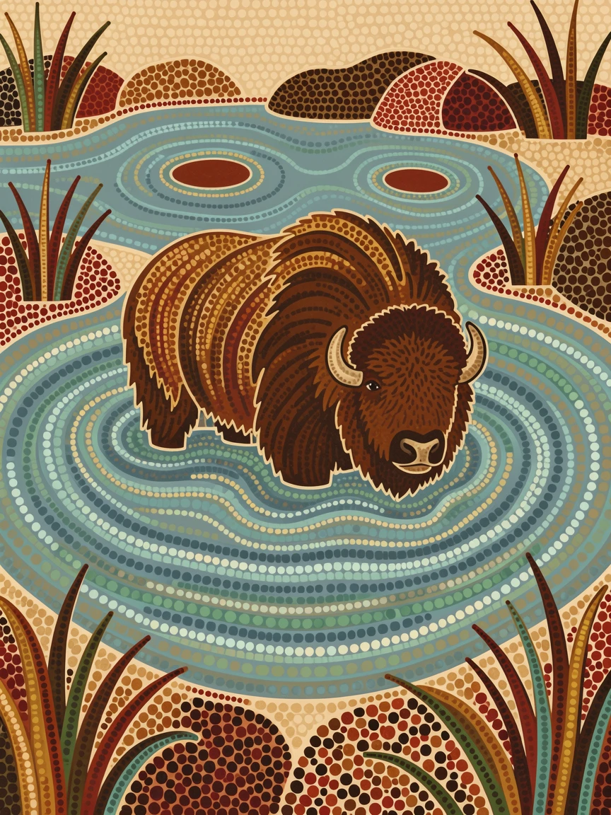 A musk ox bathing in a shallow river