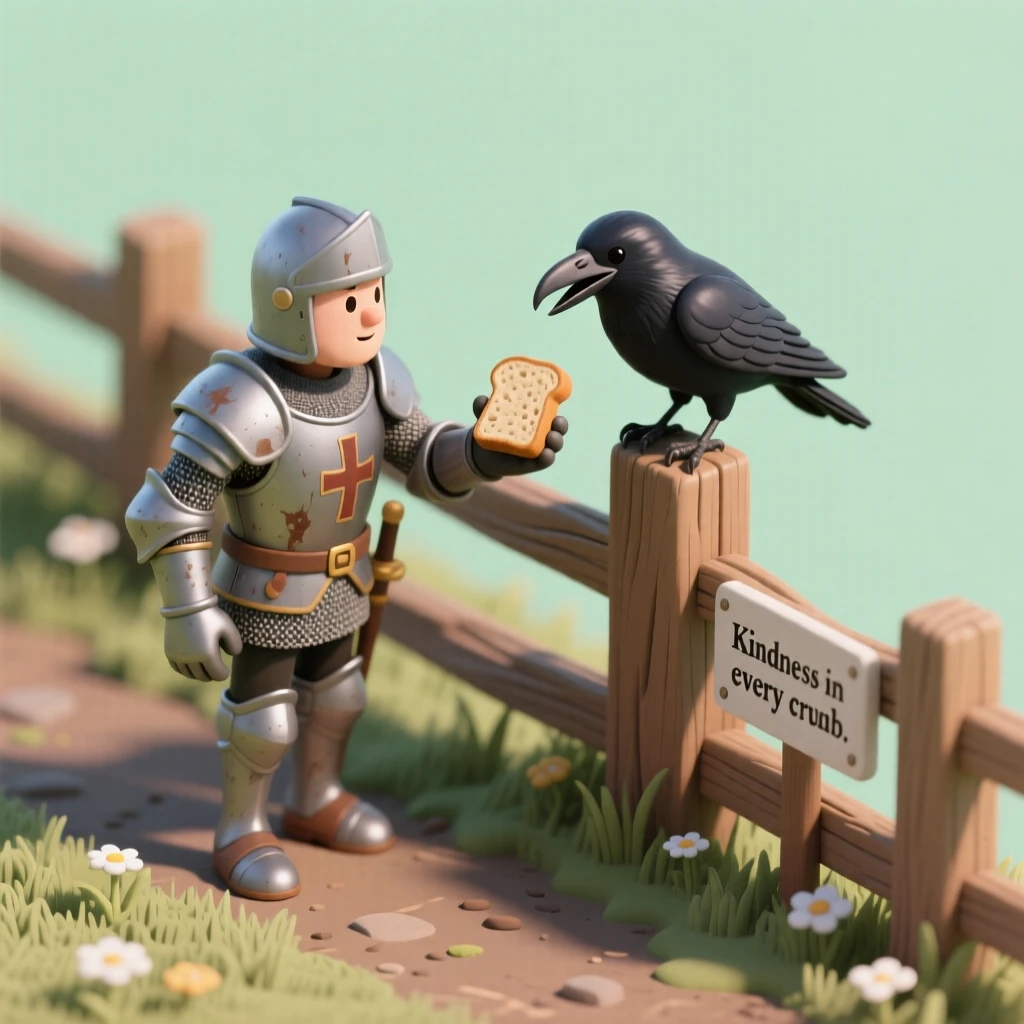 A wandering knight sharing his last piece of bread with a talking raven perched on a fence post.