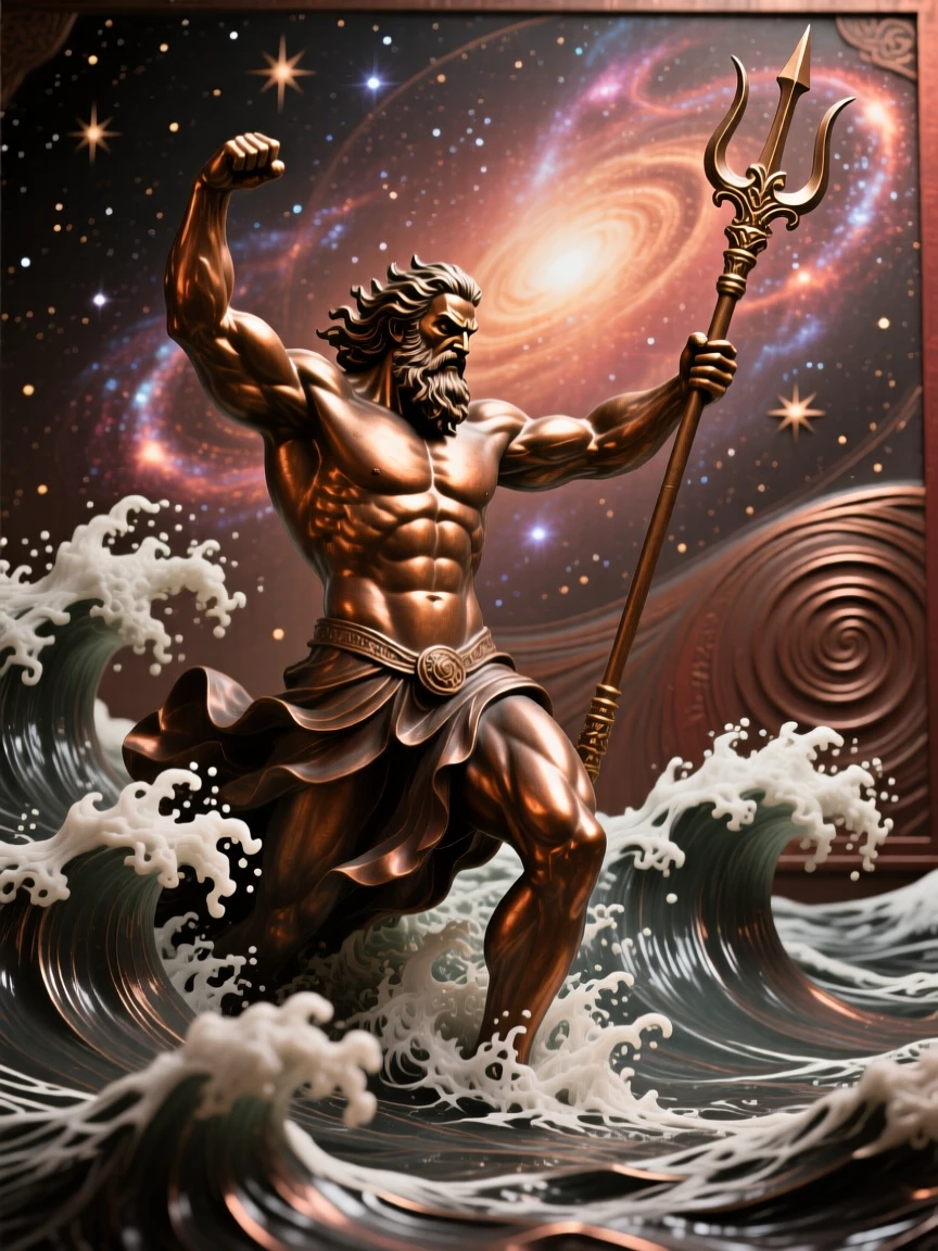 Poseidon rising from a stormy sea, set against a vast celestial backdrop, radiating awe and grandeur