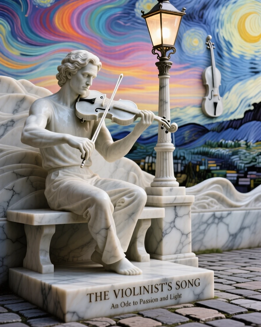 An evocative depiction of a violin player performing beneath a streetlamp, under a brilliant, colorful sky, balancing detail with emotional depth