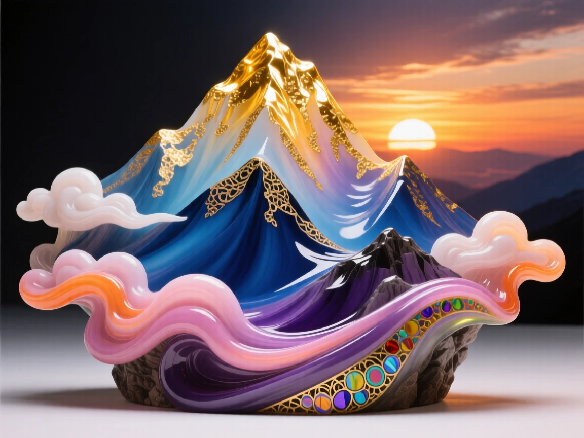 A grand mountain summit glowing gold at sunrise with clouds rolling below, triumphant and vast.