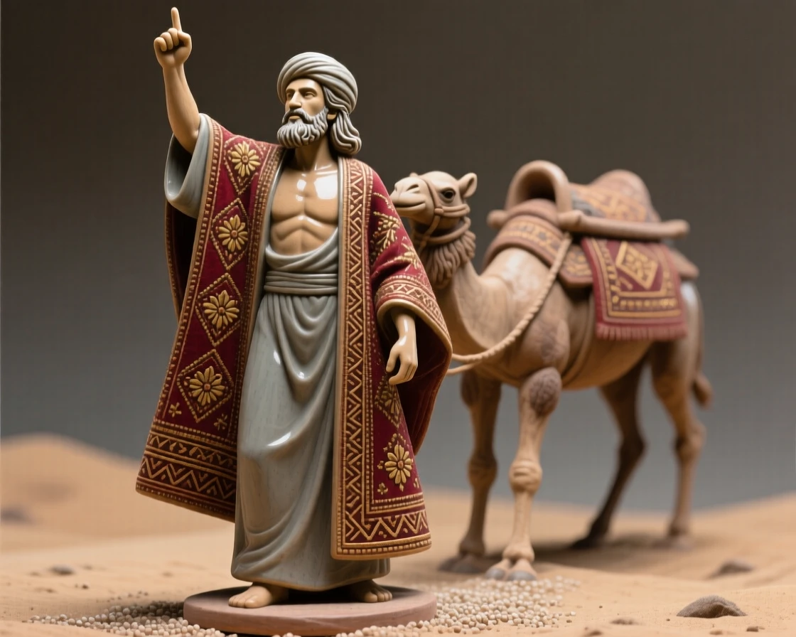 A nomadic trader leading a caravan raising an arm in triumphant gesture, draped in richly embroidered ceremonial cloth, evoking reverence for ancient tradition.
