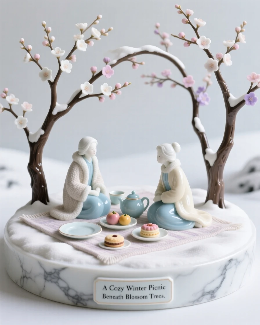 A cozy winter moment: a picnic beneath blossoming trees, framed by the colors of the season.