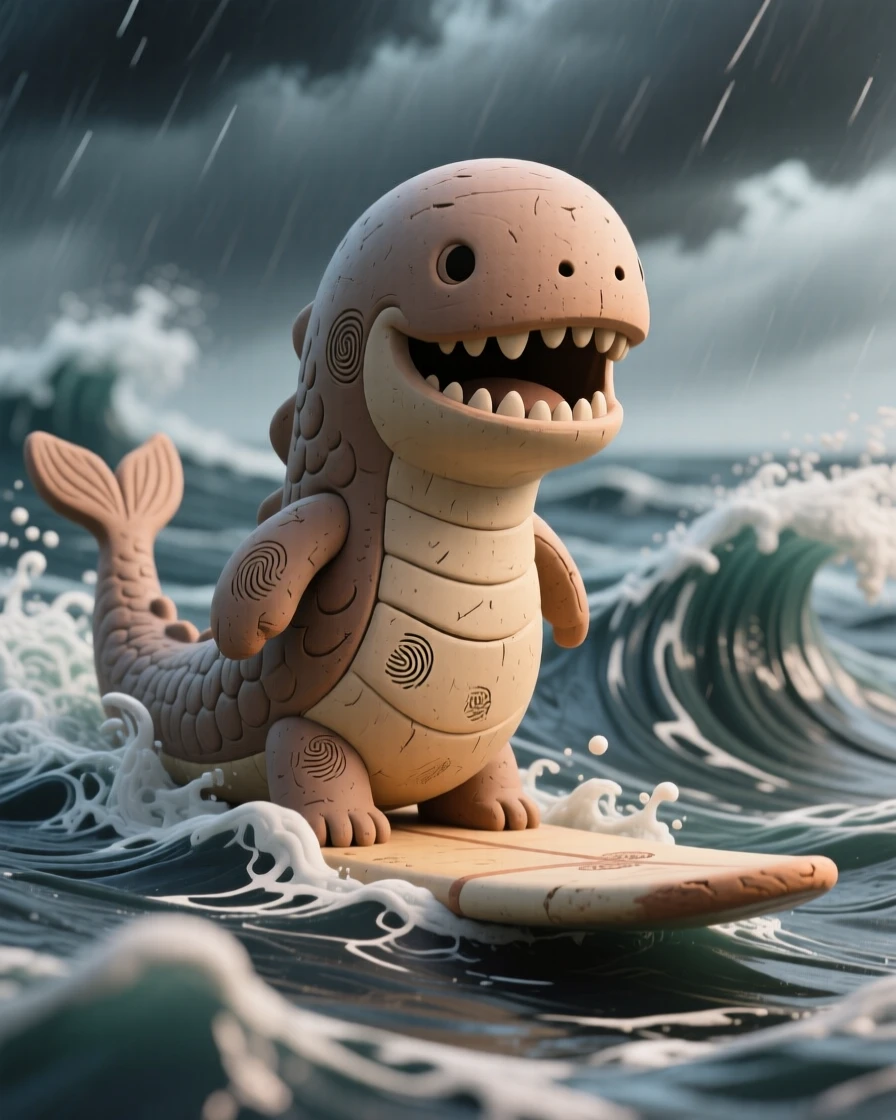 A leviathan surfacing briefly in a stormy ancient sea