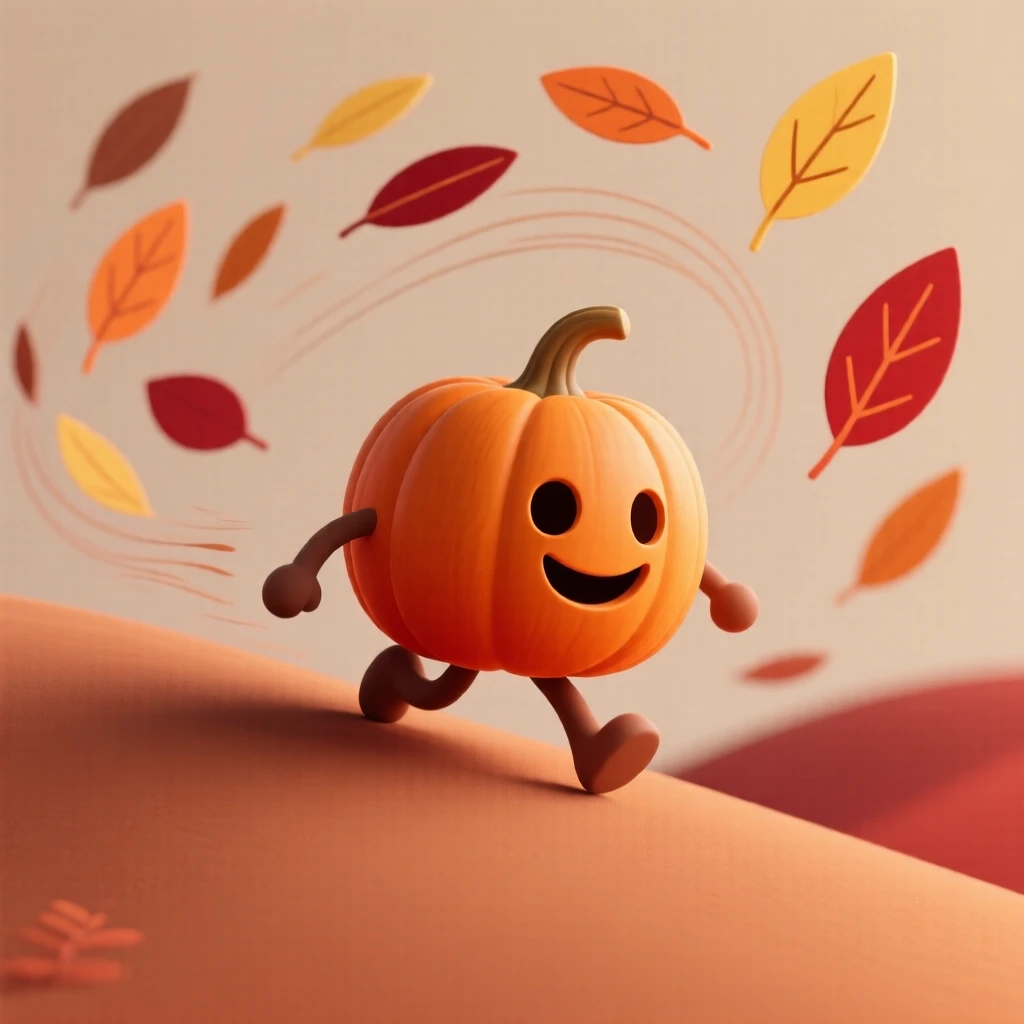 A cheerful pumpkin spirit rolls itself down a hill during an autumn harvest festival, leaves swirling behind.