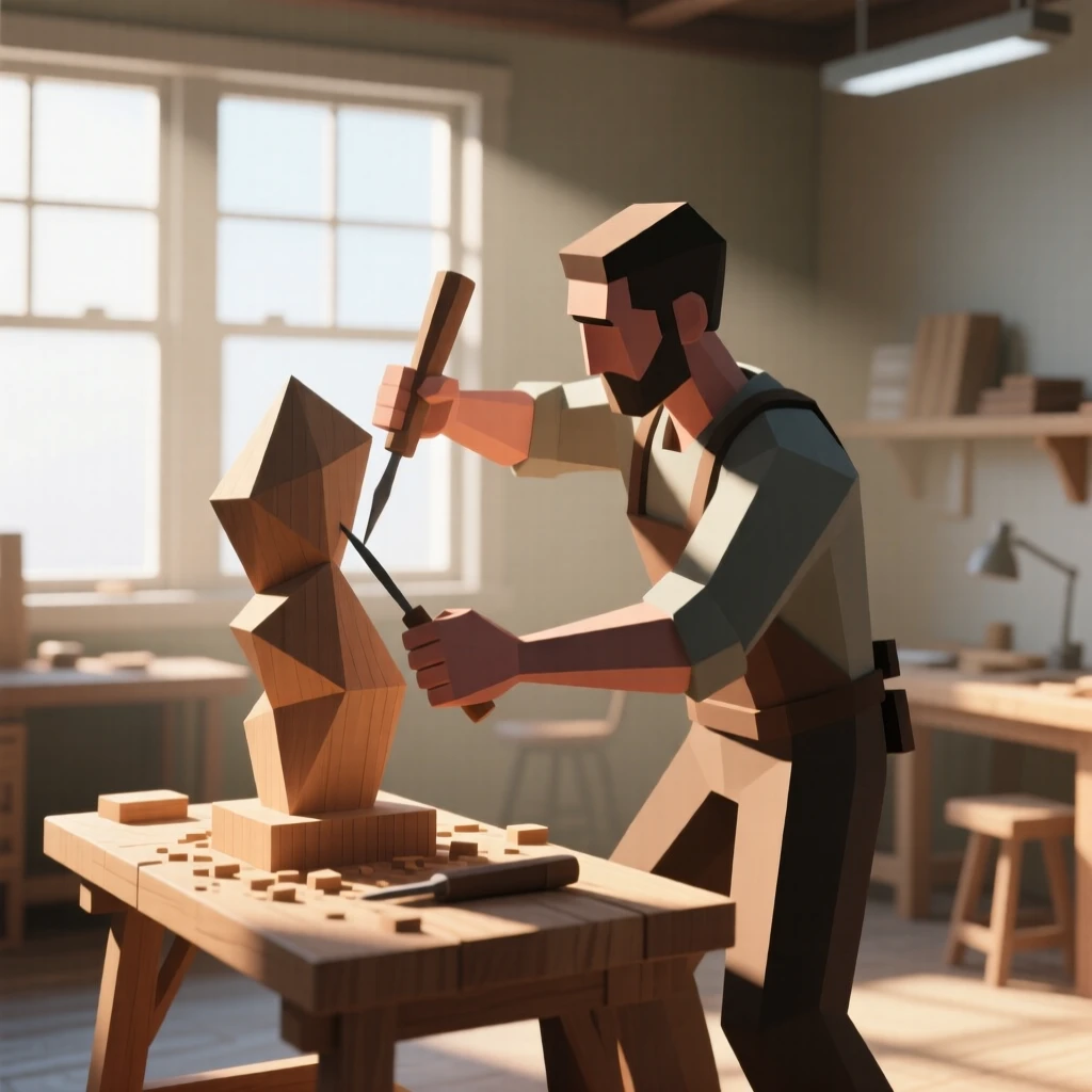 A woodworker carefully carving a wooden sculpture, in a cozy sunlit studio. dynamic motion is captured with a clear sense of energy. The moment radiates confidence and joy.