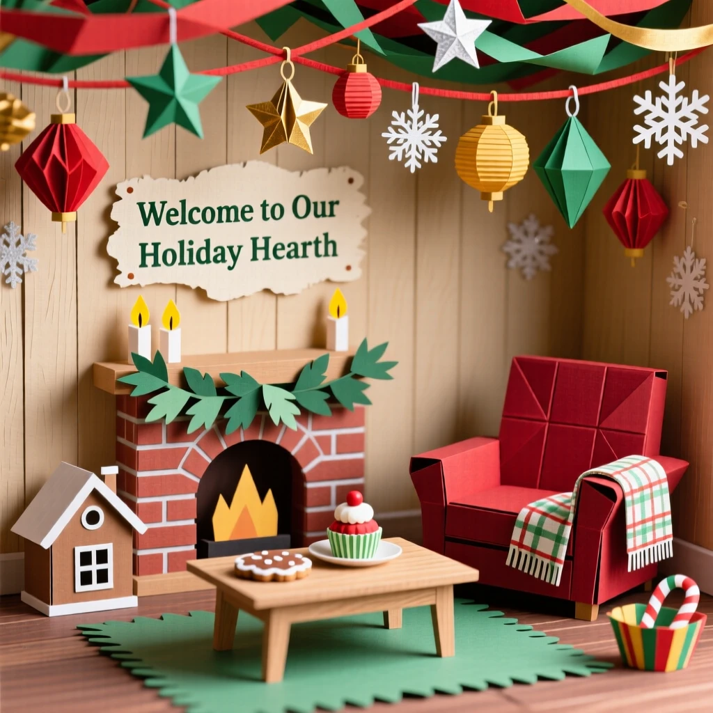A cozy Christmas living room set beneath a canopy of colorful decorations, with festive treats displayed abundantly, capturing cherished holiday tradition.