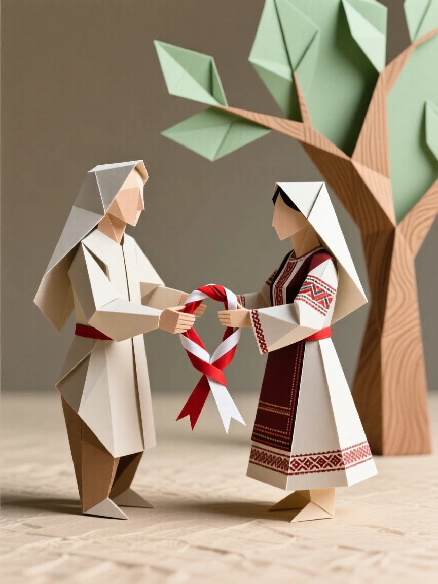 A Bulgarian Baba Marta celebration scene with red and white martenitsa bracelets exchanged.