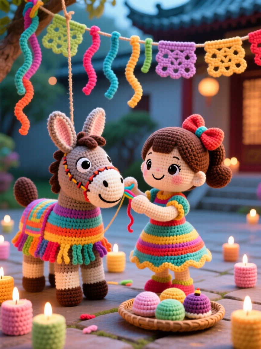 a little girl decorating a piñata, for a birthday fiesta, hanging colorful streamers nearby, at a quiet temple courtyard glowing with candlelight, with a small tray of traditional sweets nearby, radiating bright, celebratory warmth.
