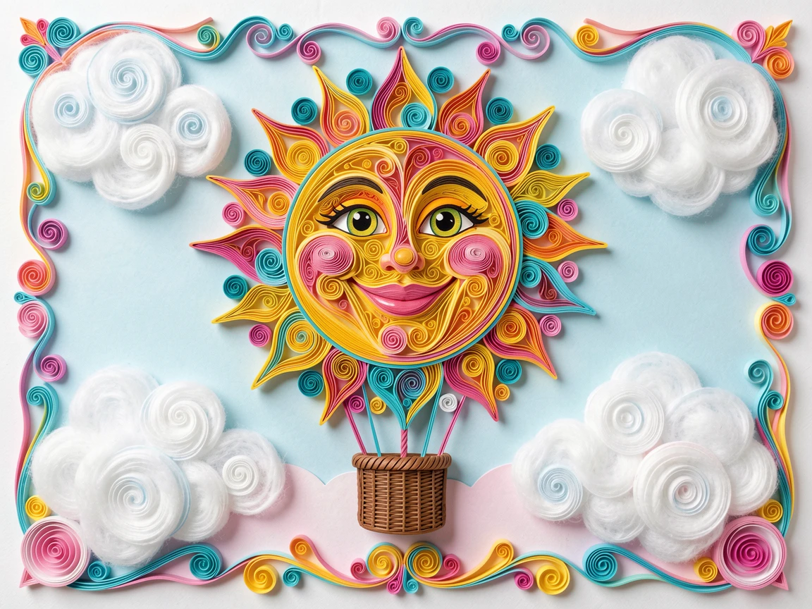a hot air balloon shaped like a smiling sun, beneath a sky full of fluffy cotton-candy clouds, framed with a whimsical storybook illustration feel, in bright candy colors of pink, turquoise, and yellow.
