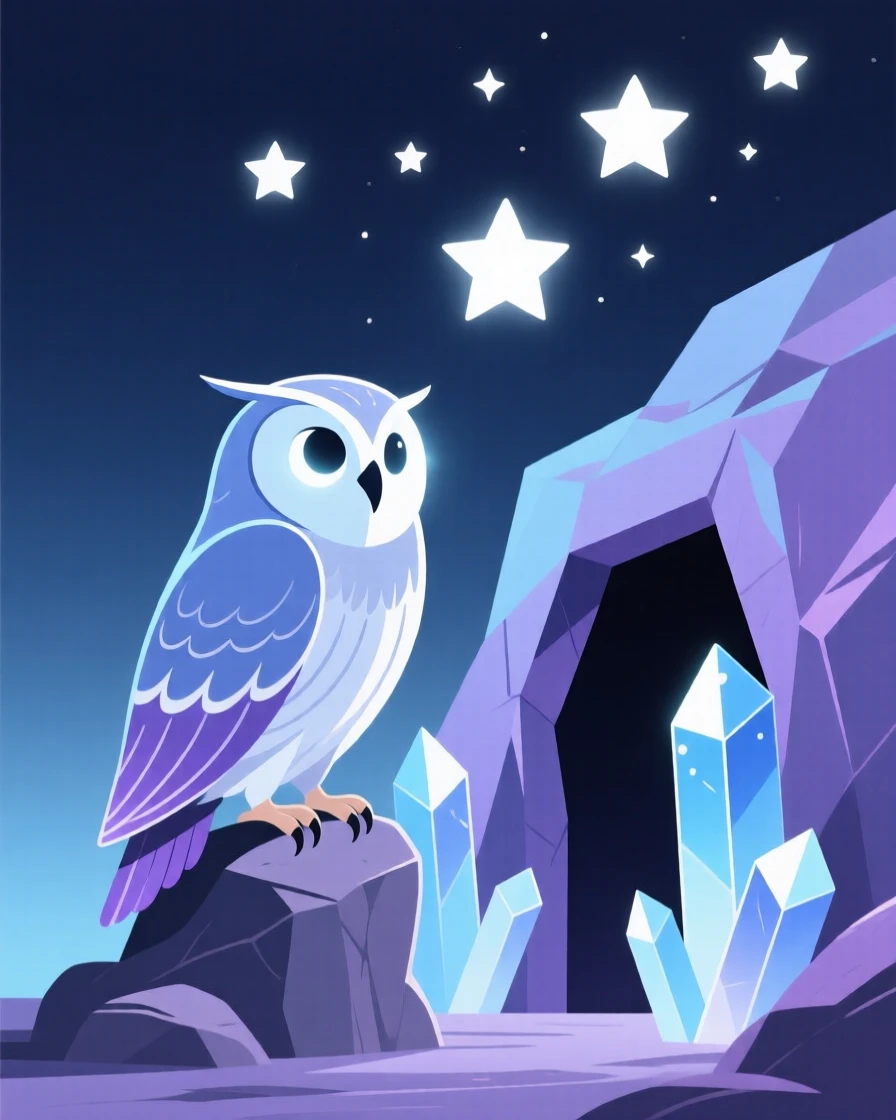 A mystical owl guardian watching the stars near a crystal cave.