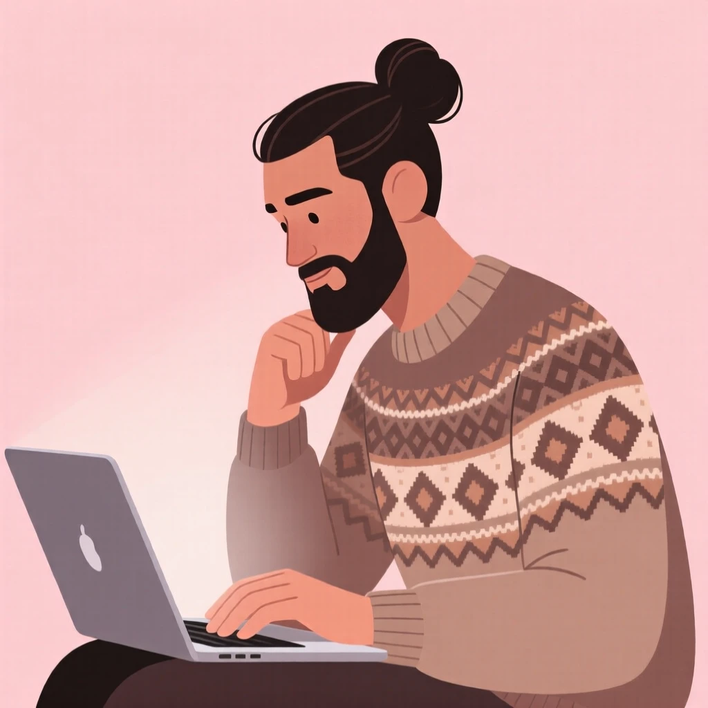 Stylized illustration of a person with a bun and beard typing on a laptop, wearing a patterned sweater. Soft pastel pink background.