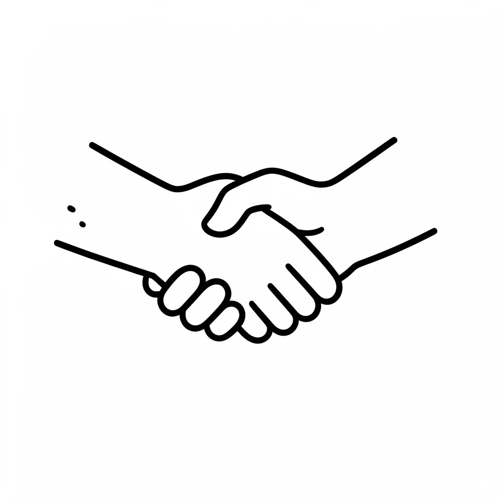 Minimalistic line art of a handshake, symbolizing agreement or partnership, with clean black lines on a white background.
