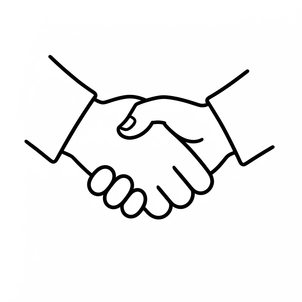 Minimalistic line art of a handshake, symbolizing agreement or partnership, with clean black lines on a white background.