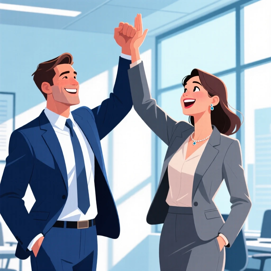 Stylized illustration of a man and woman high-fiving, dressed in business attire, celebrating teamwork or success.