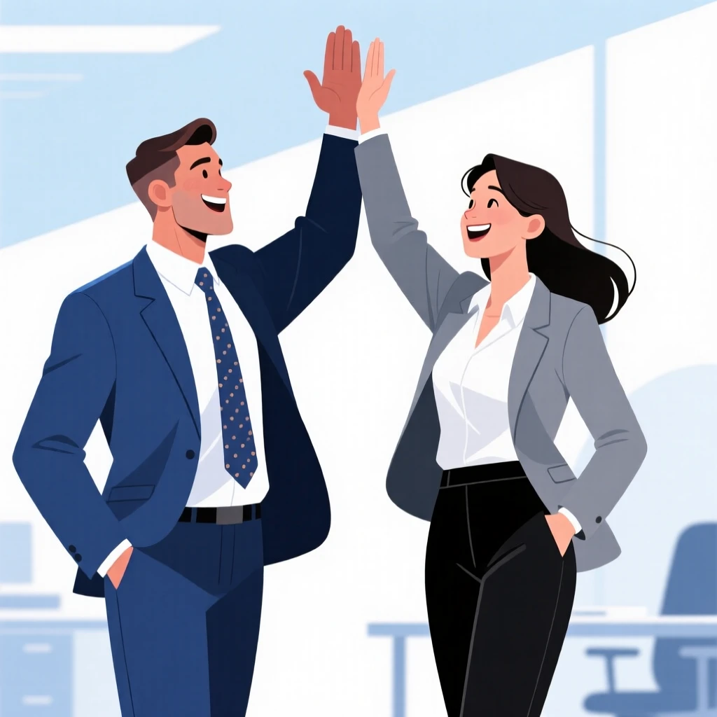 Stylized illustration of a man and woman high-fiving, dressed in business attire, celebrating teamwork or success.