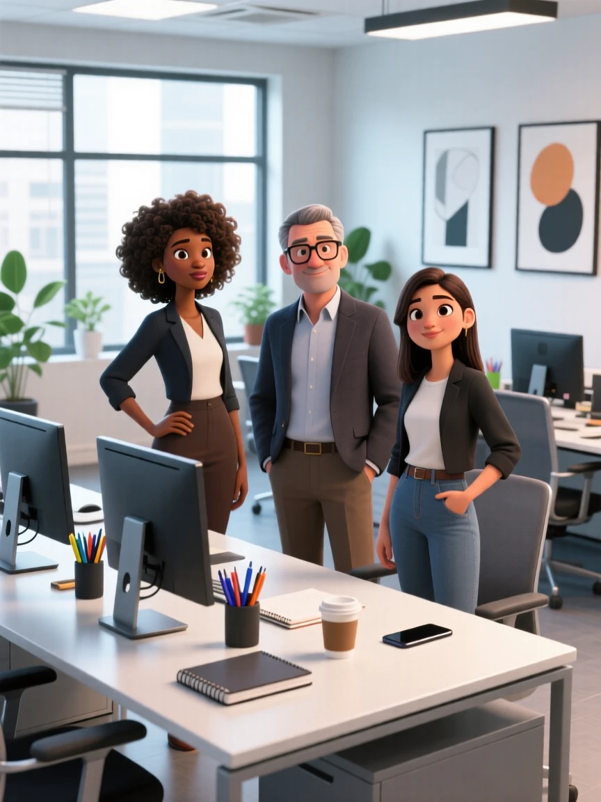 Three animated characters in a modern office setting, standing confidently behind a desk with computers and office supplies.
