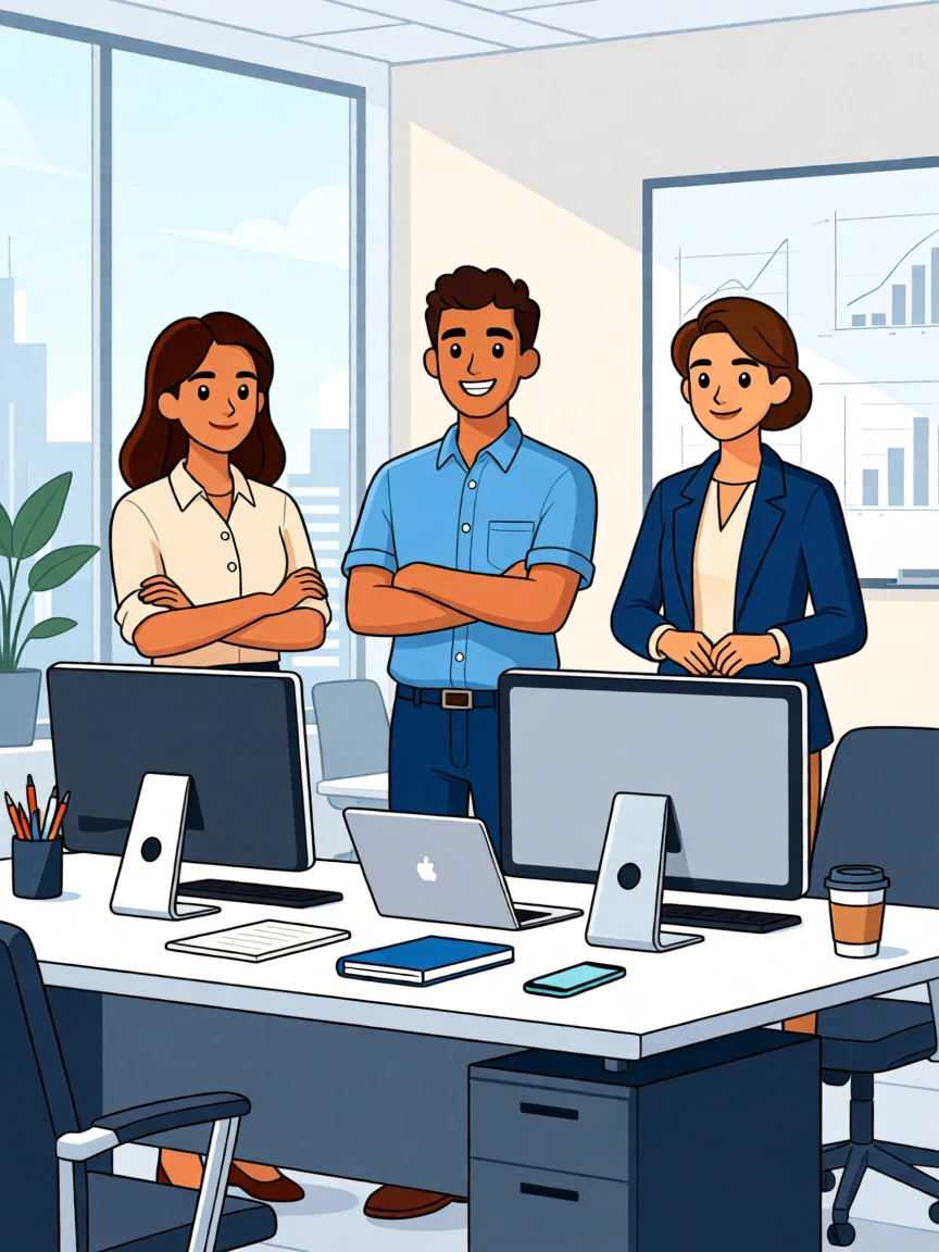 Three animated characters in a modern office setting, standing confidently behind a desk with computers and office supplies.
