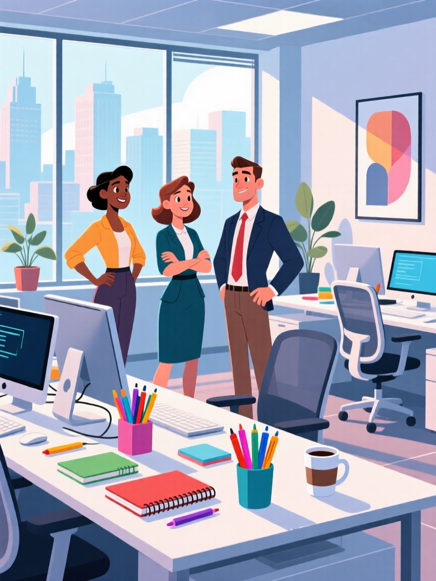 Stylized illustration of three animated characters in a modern office setting, standing confidently behind a desk with computers and office supplies.