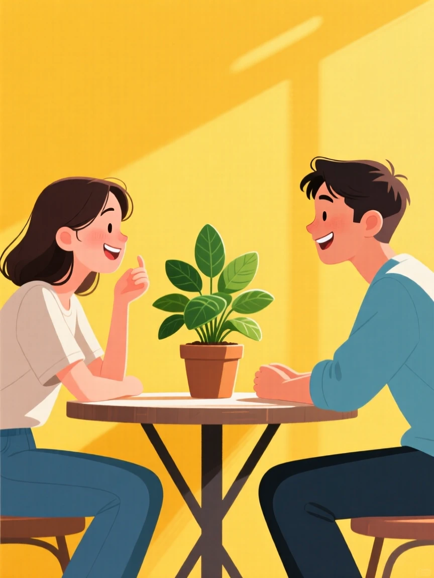 Charming illustration of two people conversing at a table with a vibrant yellow background and a small potted plant.