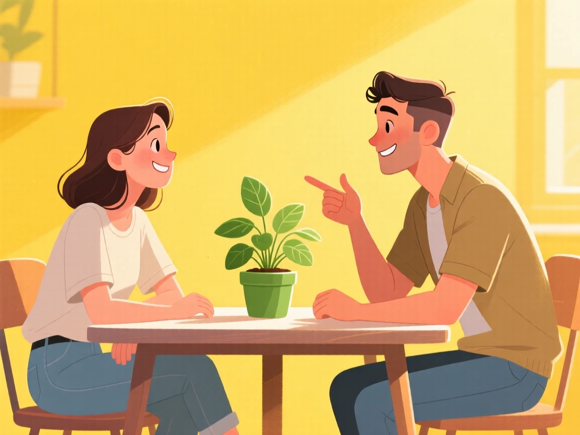 Charming illustration of two people conversing at a table with a vibrant yellow background and a small potted plant.