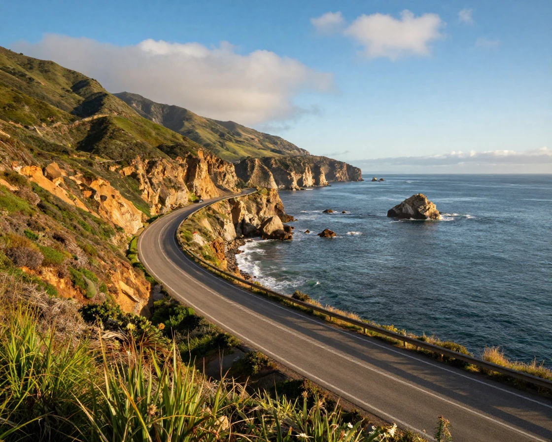 A Pacific Coast Highway curving along dramatic cliffs