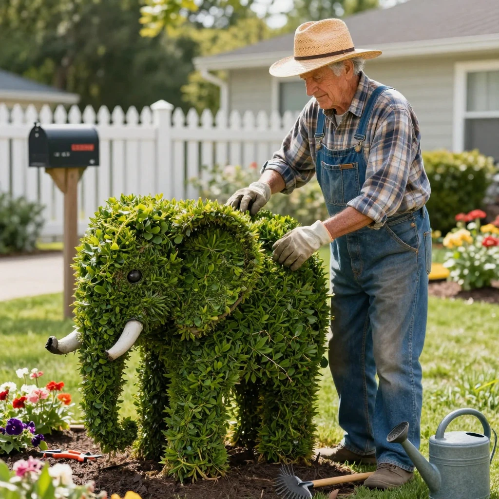 A senior gardener trims a hedge into the shape of an elephant in his front yard.
