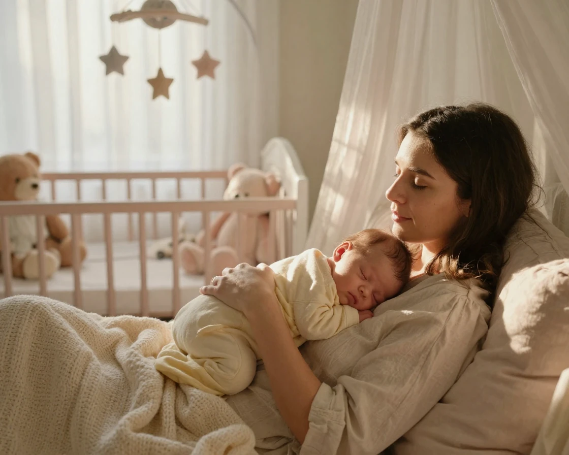 A mother and newborn sleeping together in a soft nursery bathed in warm morning light