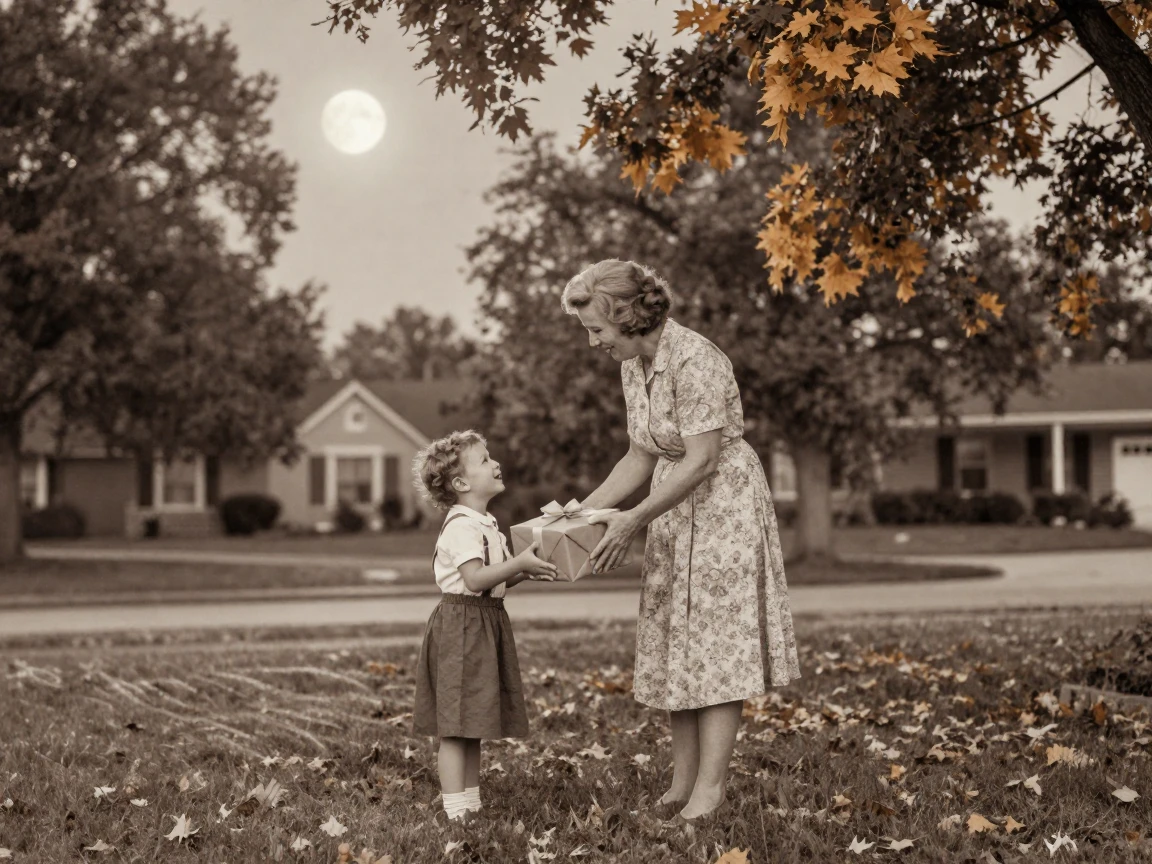 A grandmother presenting a wrapped gift to a delighted grandchild, under moonlight, as heat shimmers over the ground, as summer fades into fall, with a soft sepia-tinted glow, from a wide establishing view.