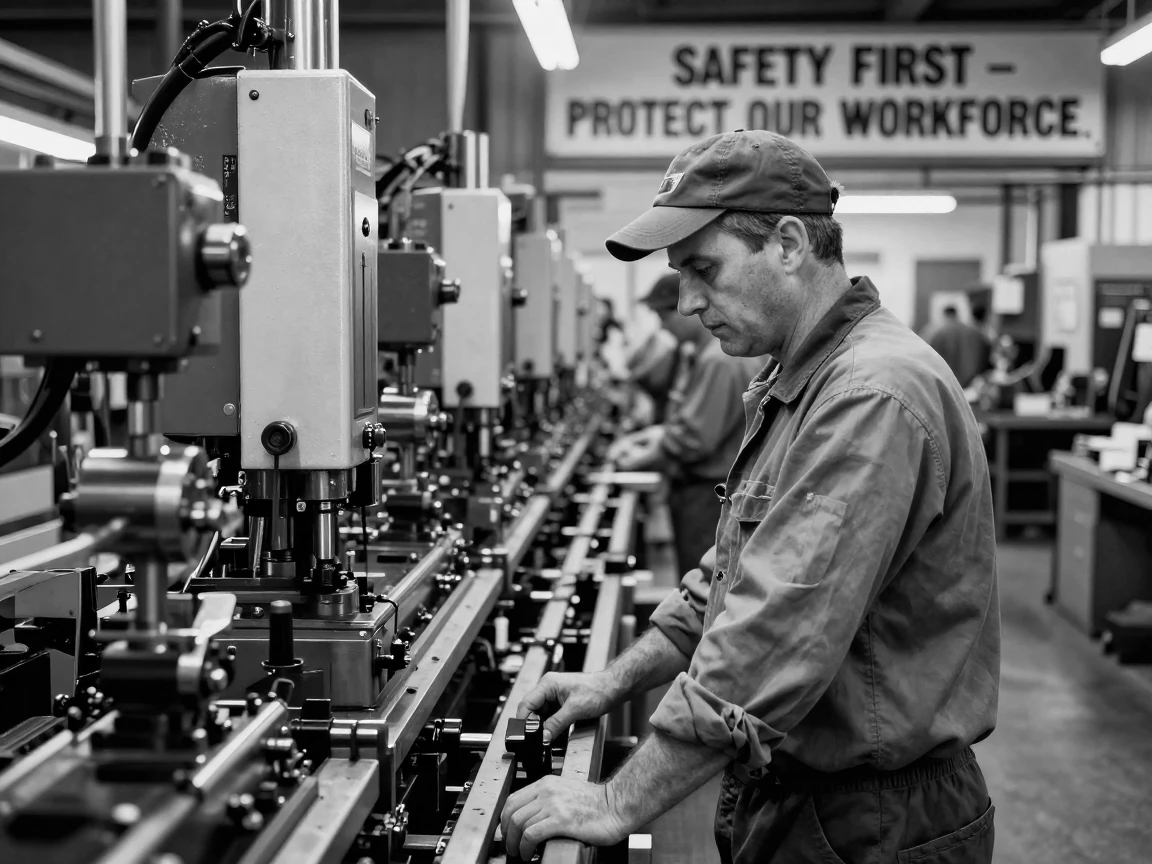 A factory worker monitors an assembly line of machines beside rows of automated machinery.