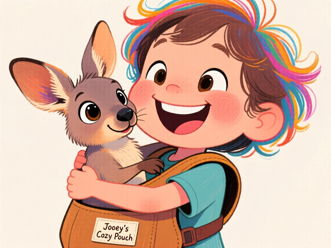 A child hugging a baby kangaroo joey peeking from its keeper's pouch-style carrier.