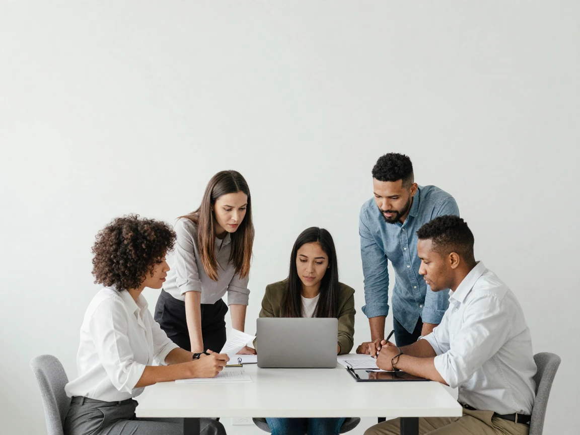 A minimalist studio photo of a team of coworkers collaborating on a plain background.