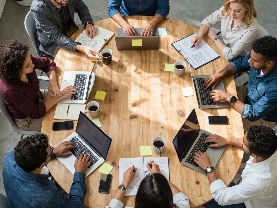 An overhead flat-lay shot of a team of coworkers collaborating.