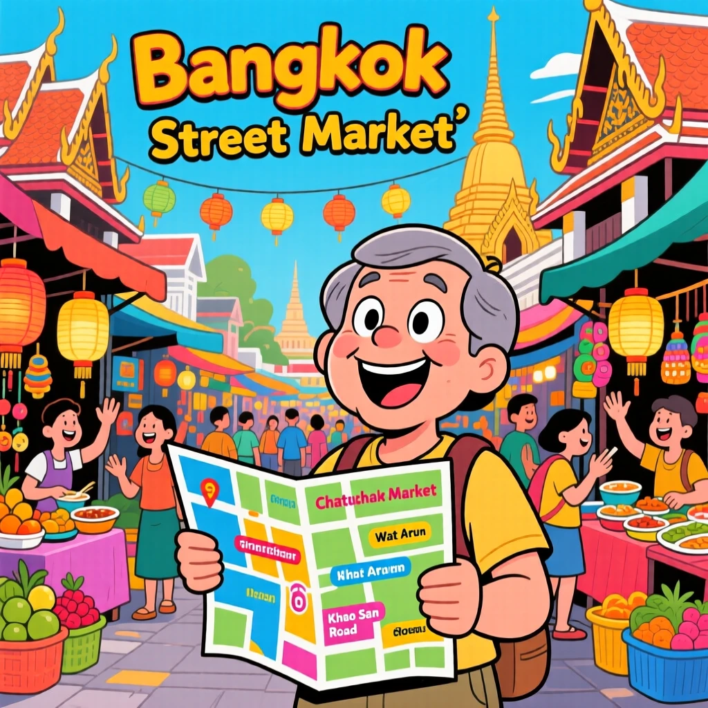 An iconic travel scene featuring a delighted tourist exploring a vibrant street market in Bangkok, with a map slightly askew in hand.