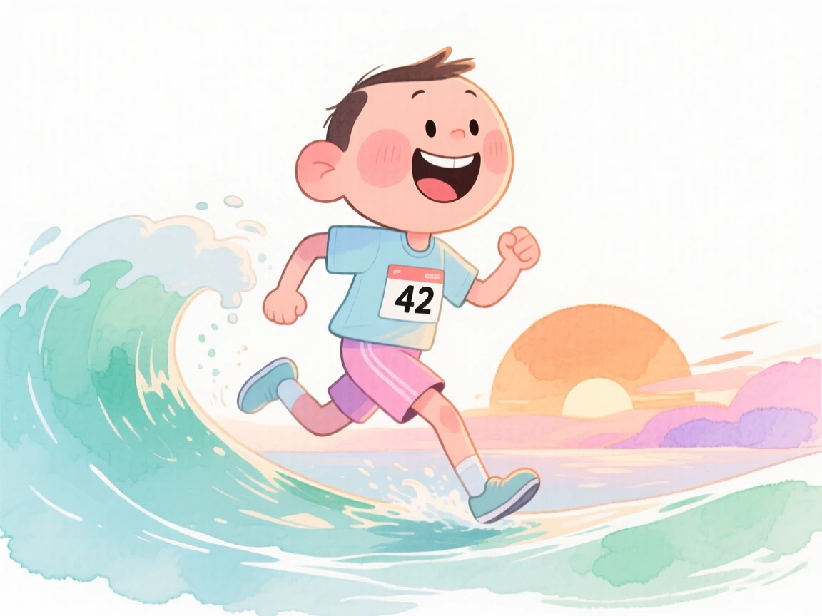 A marathon runner catching the perfect wave at sunrise