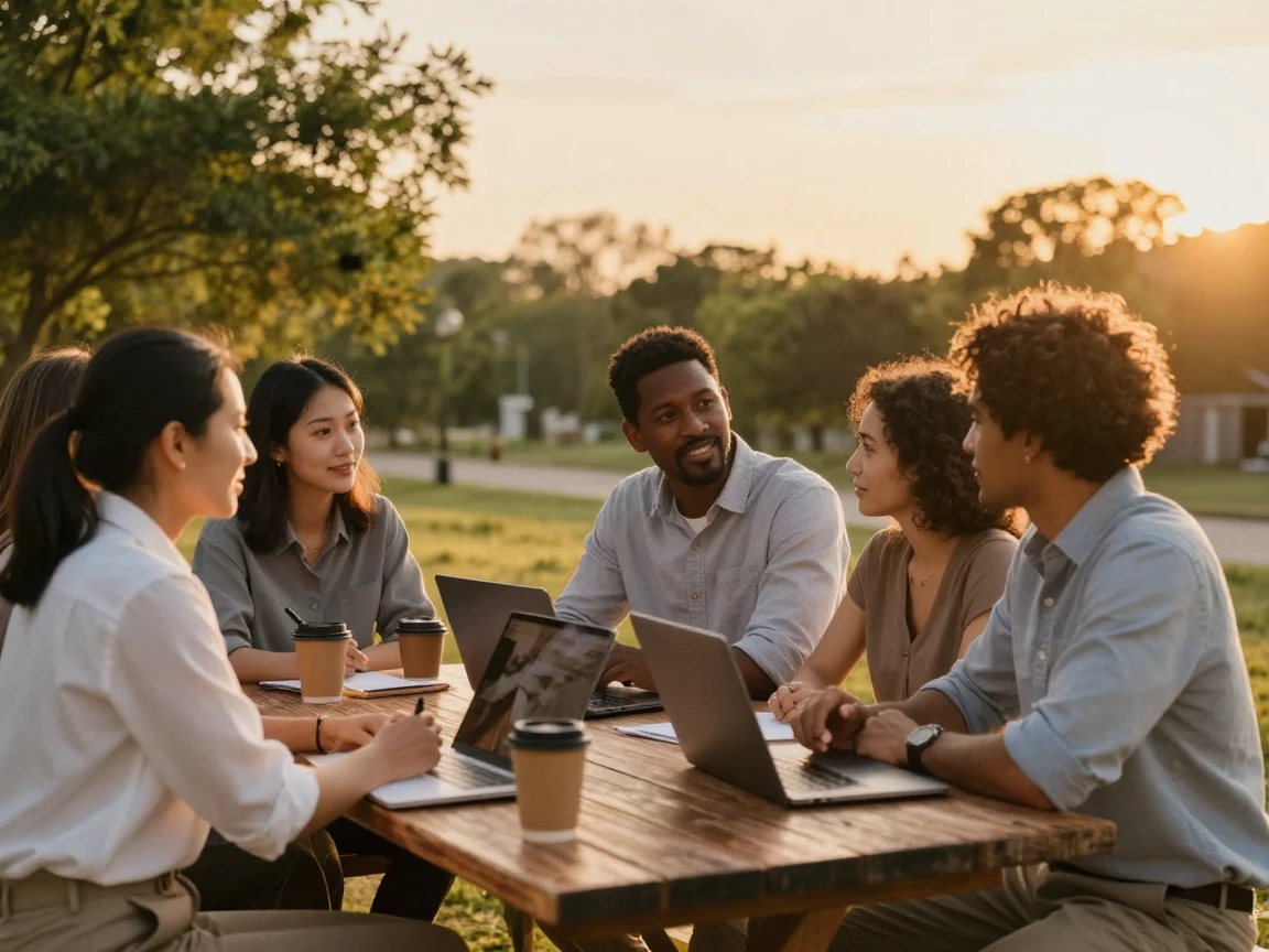 A warm, golden-hour photo of a team of coworkers collaborating outdoors.
