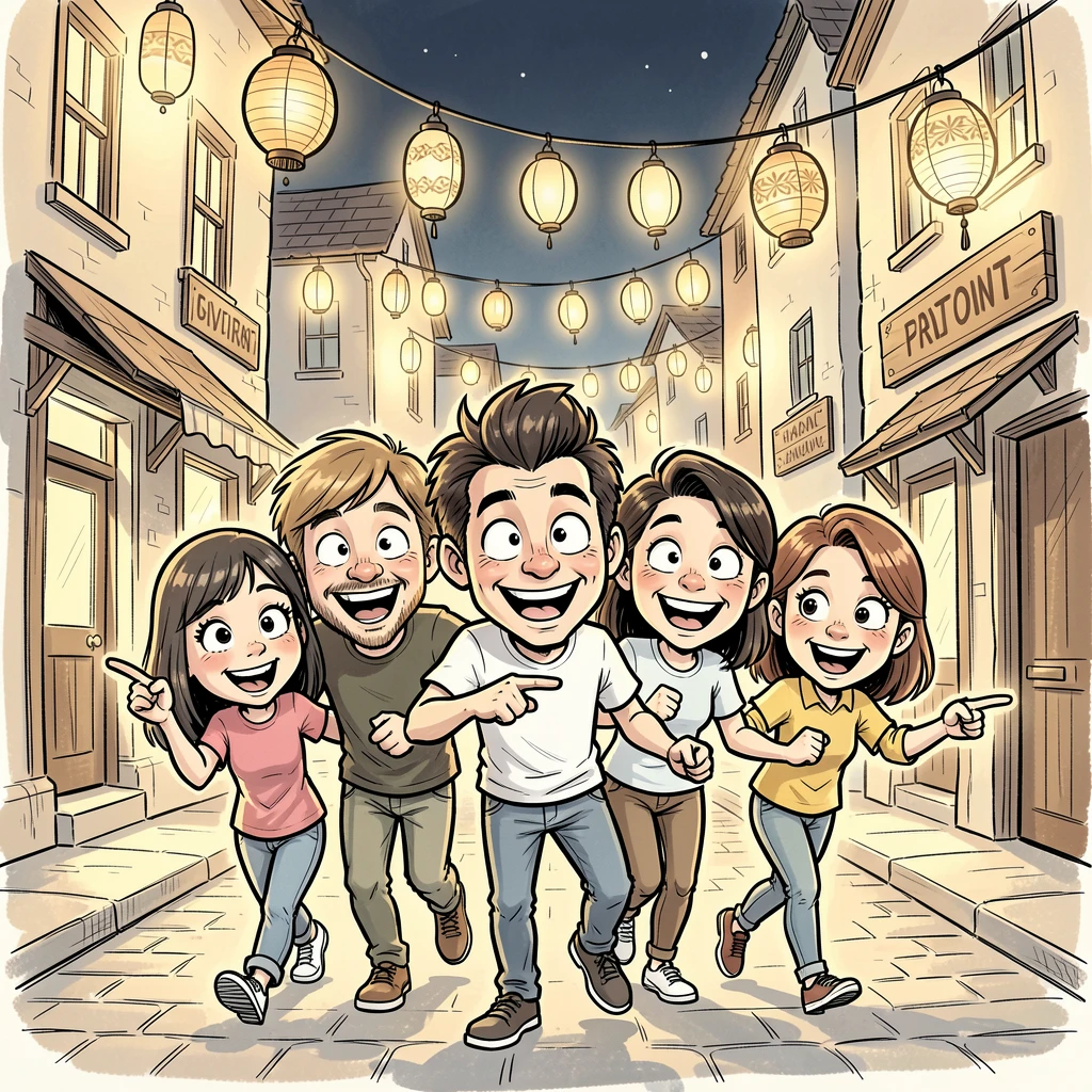 [Travel & Cultural Experiences] Vivid travel scene of a delighted group of friends wandering through a lantern-lit old town, full of wonder and adventure