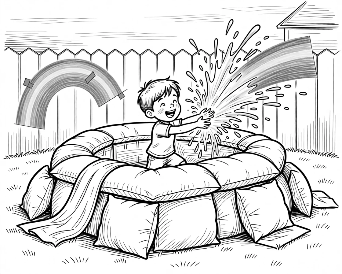 A child building an epic pillow fort fortress, sending water splashing dramatically in every direction, set in a backyard at dusk. A crayon rainbow is taped crookedly to the wall. It's a burst of pure, unfiltered childhood joy.