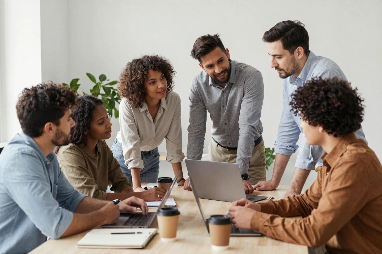A bright, high-key photo of a team of coworkers collaborating with soft shadows.