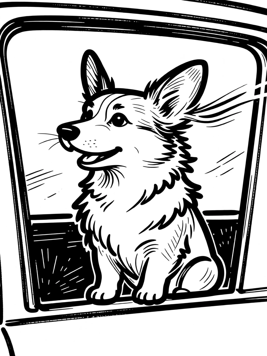 A fluffy corgi sitting attentively in a car window, ears flapping in the breeze.