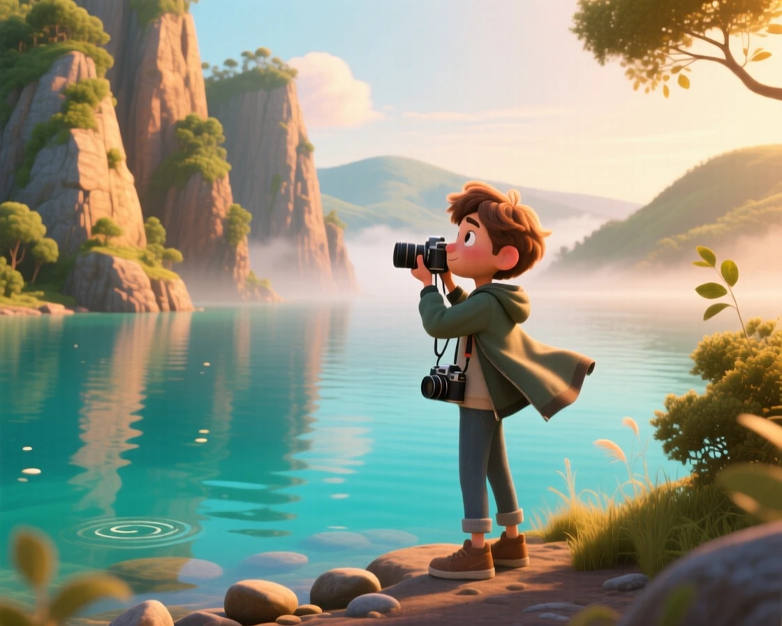 A photographer studying the horizon stands at the edge of a turquoise lagoon surrounded by cliffs, letting the wind catch their jacket. A warm sense of gratitude and wanderlust colors the moment, with a light mist clinging to the distant hills.