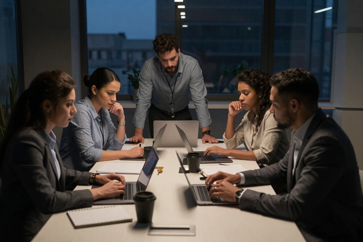 A cinematic, moody photo of a team of coworkers collaborating with dramatic lighting.
